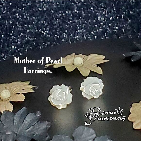Natural White Mother Of Pearl Camellia Flower Earrings On 925 Sterling Silver - Picture 5 of 11